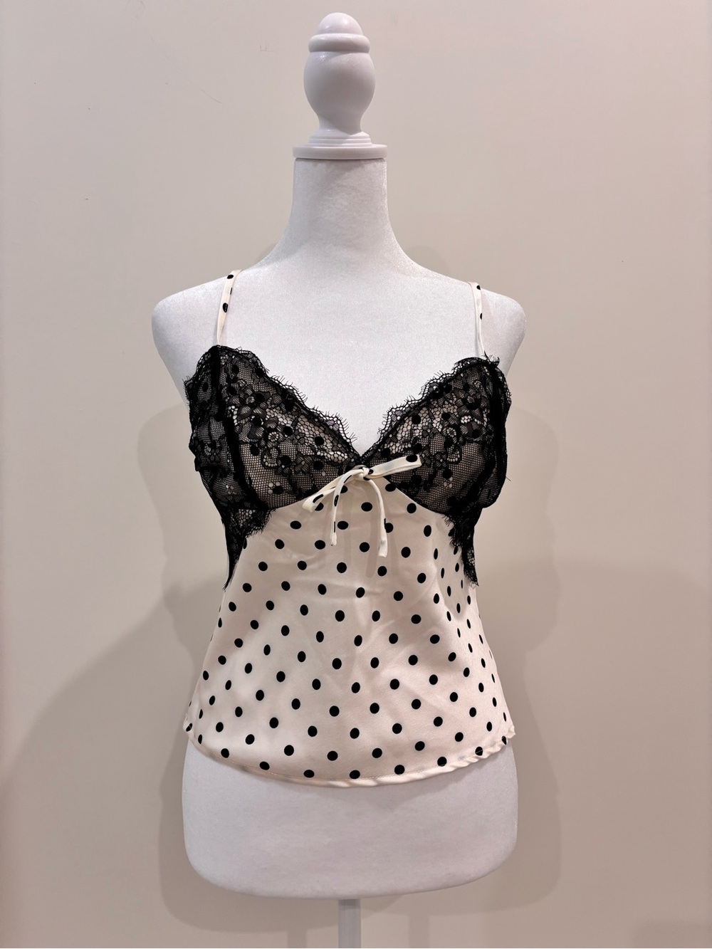 Polka Dot Satin Lace Cami - Cream & Black